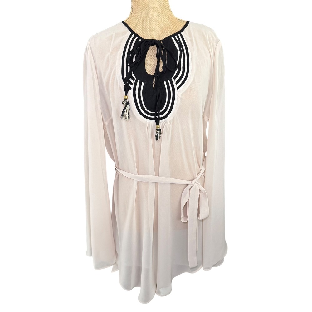 ZKuattra Beige Tunic Top L Tie Neck Long‎ Bell Sleeve Boho Chic Blouse